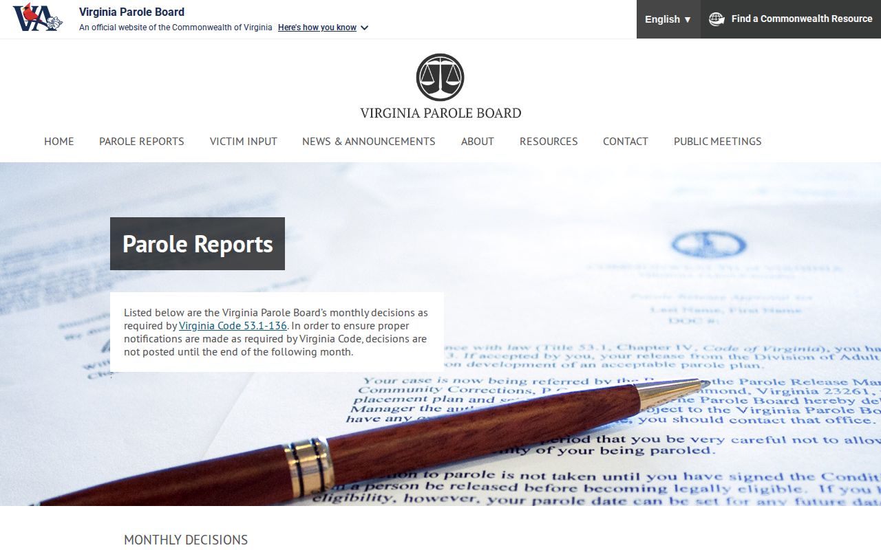 Richmond County parole decision records in the Virginia Parole Board archive